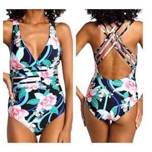 NEW La Blanca One Piece Crossover Back Swimsuit Nightfall Blooms Black Size 14